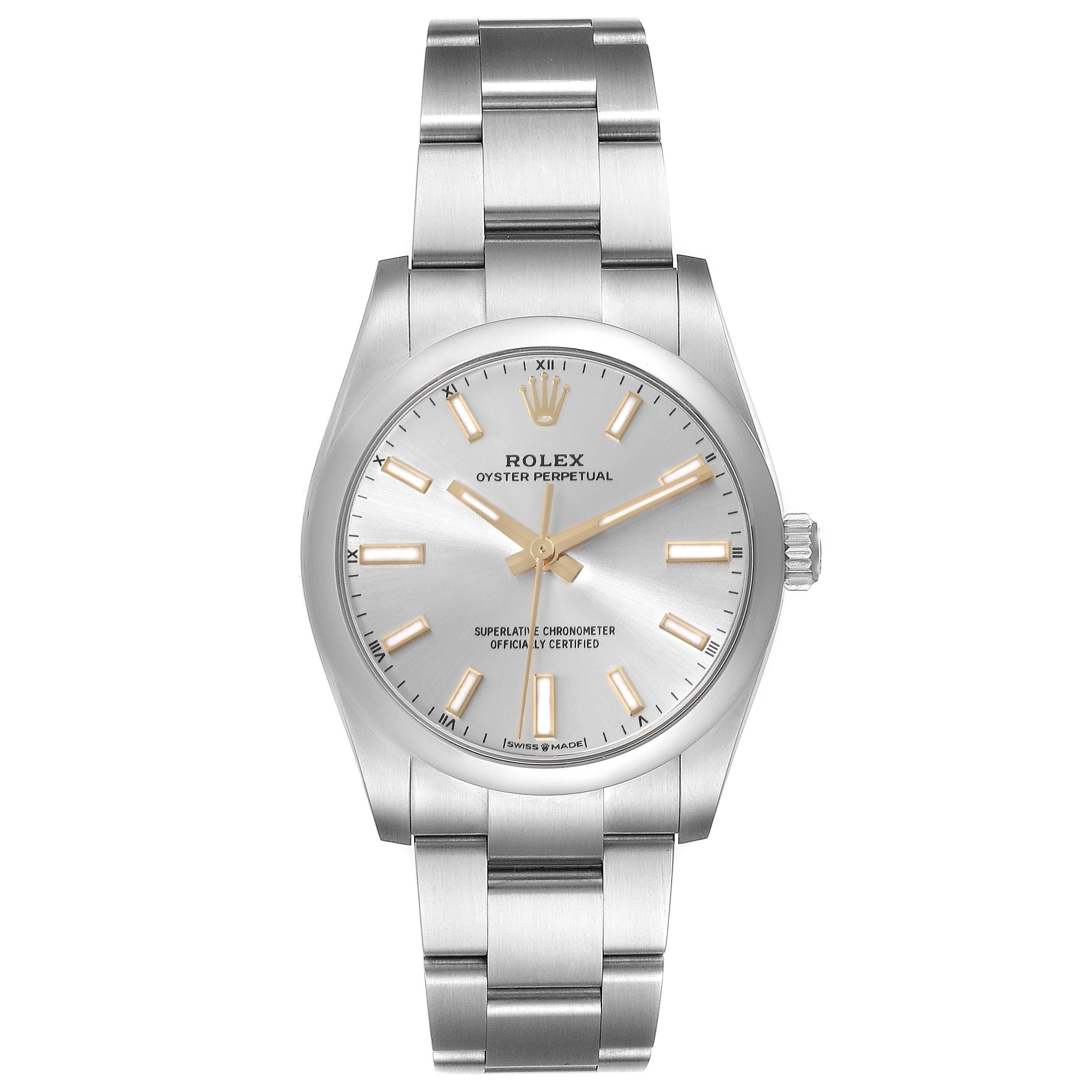 Rolex Oyster Perpetual 34mm Silver Dial Steel Mens Watch 124200 Unworn. Officially certified chronometer automatic self-winding movement. Stainless steel case 34 mm in diameter. Rolex logo on a crown. Stainless steel smooth domed bezel. Scratch