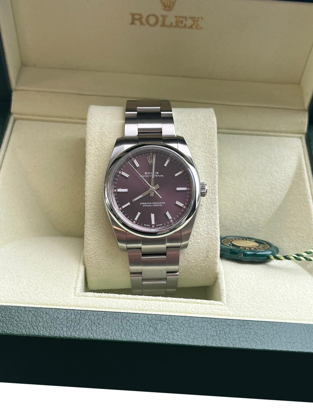 Rolex Oyster Perpetual 34mm Stainless Steel Red Grape Dial Oyster Watch 114200 For Sale 2