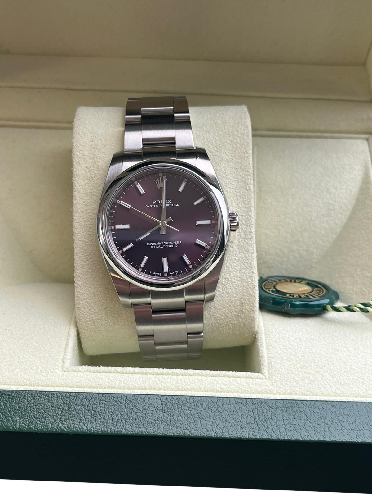 Rolex Oyster Perpetual 34mm Stainless Steel Red Grape Dial Oyster Watch 114200 For Sale 3