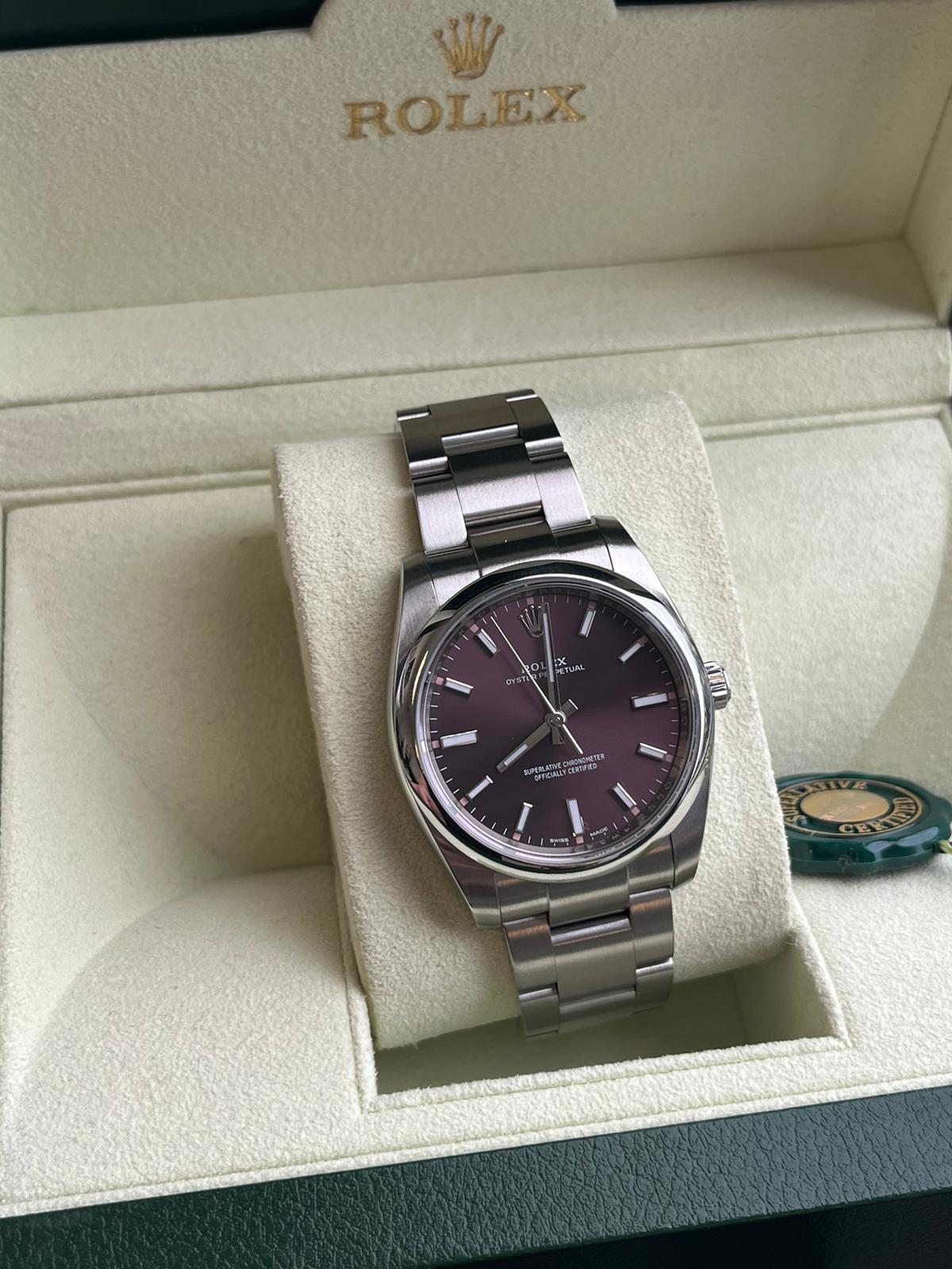 Rolex Oyster Perpetual 34mm Stainless Steel Red Grape Dial Oyster Watch 114200 For Sale 5