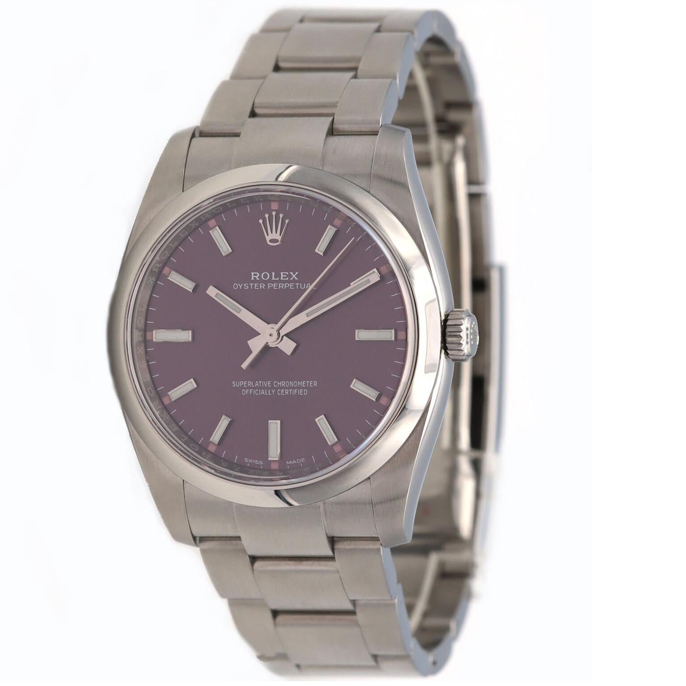 Rolex Perpetual Oyster Perpetual 34 Watch of Stainless Steel. Red grape dial with index hour markers. Screw-down solid crown with twin lock double waterproofness system. Scratch-resistant sapphire crystal. The watch has central hour, minute, and