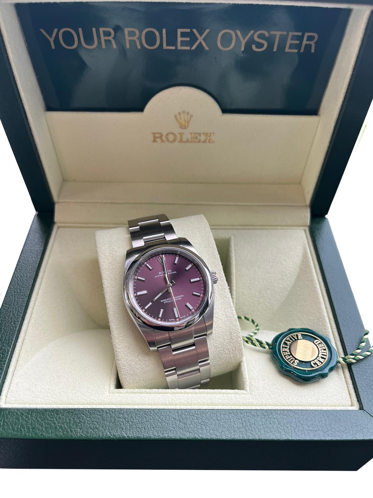Women's or Men's Rolex Oyster Perpetual 34mm Stainless Steel Red Grape Dial Oyster Watch 114200 For Sale