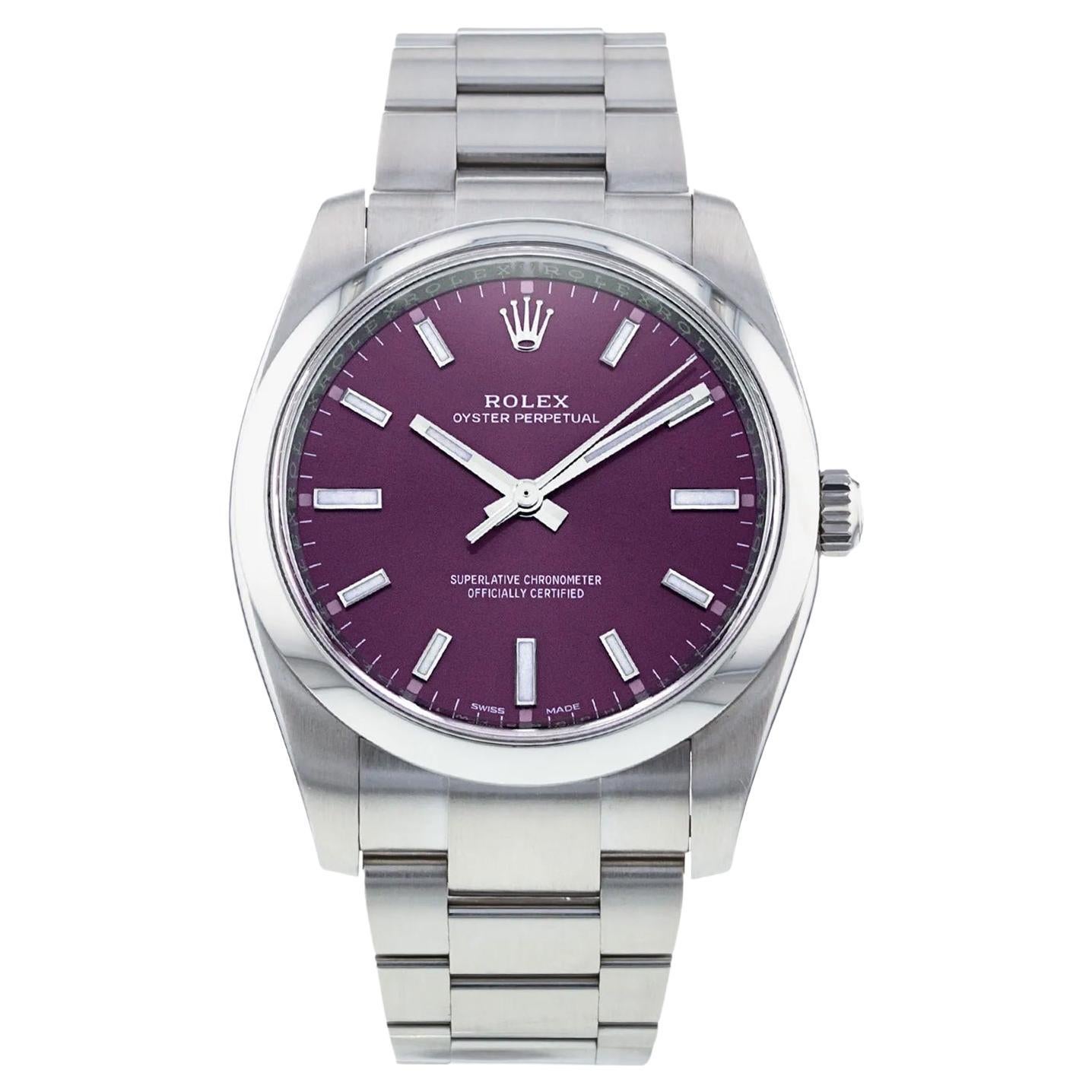 Rolex Oyster Perpetual 34mm Stainless Steel Red Grape Dial Oyster Watch 114200 For Sale