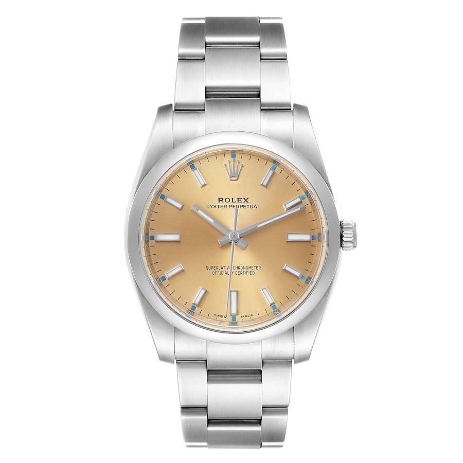 Rolex Oyster Perpetual 34mm White Grape Dial Steel Mens Watch 114200. Officially certified chronometer self-winding movement. Stainless steel case 34.0 mm in diameter.  Rolex logo on a crown. Stainless steel smooth domed bezel. Scratch resistant