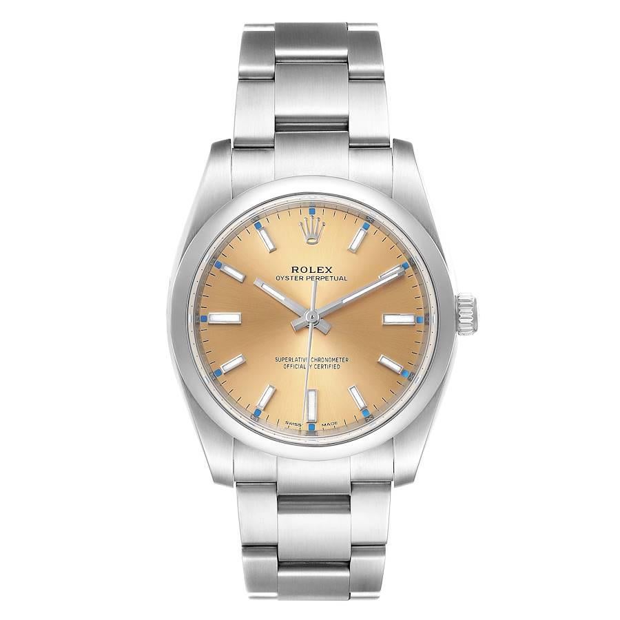 Rolex Oyster Perpetual 34mm White Grape Dial Steel Mens Watch 114200 Unworn. Officially certified chronometer self-winding movement. Stainless steel case 34.0 mm in diameter.  Rolex logo on a crown. Stainless steel smooth domed bezel. Scratch