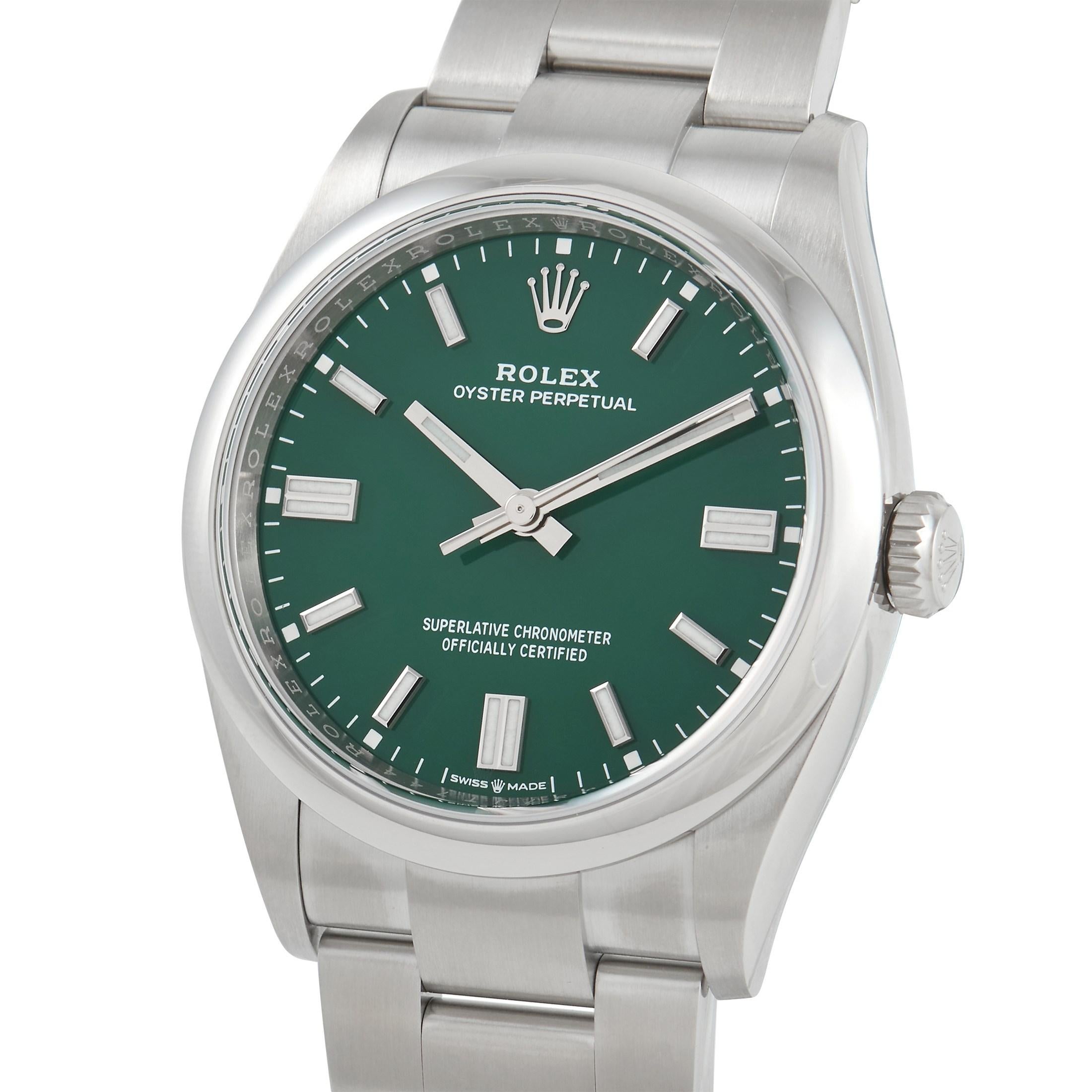 An ideal dress watch versatile enough for any occasion, this Rolex Oyster Perpetual 36 Green Dial Automatic Watch 126000GNSO has a sophisticated appeal that will complement any outfit. It features a 36mm Oystersteel case with a domed bezel and a