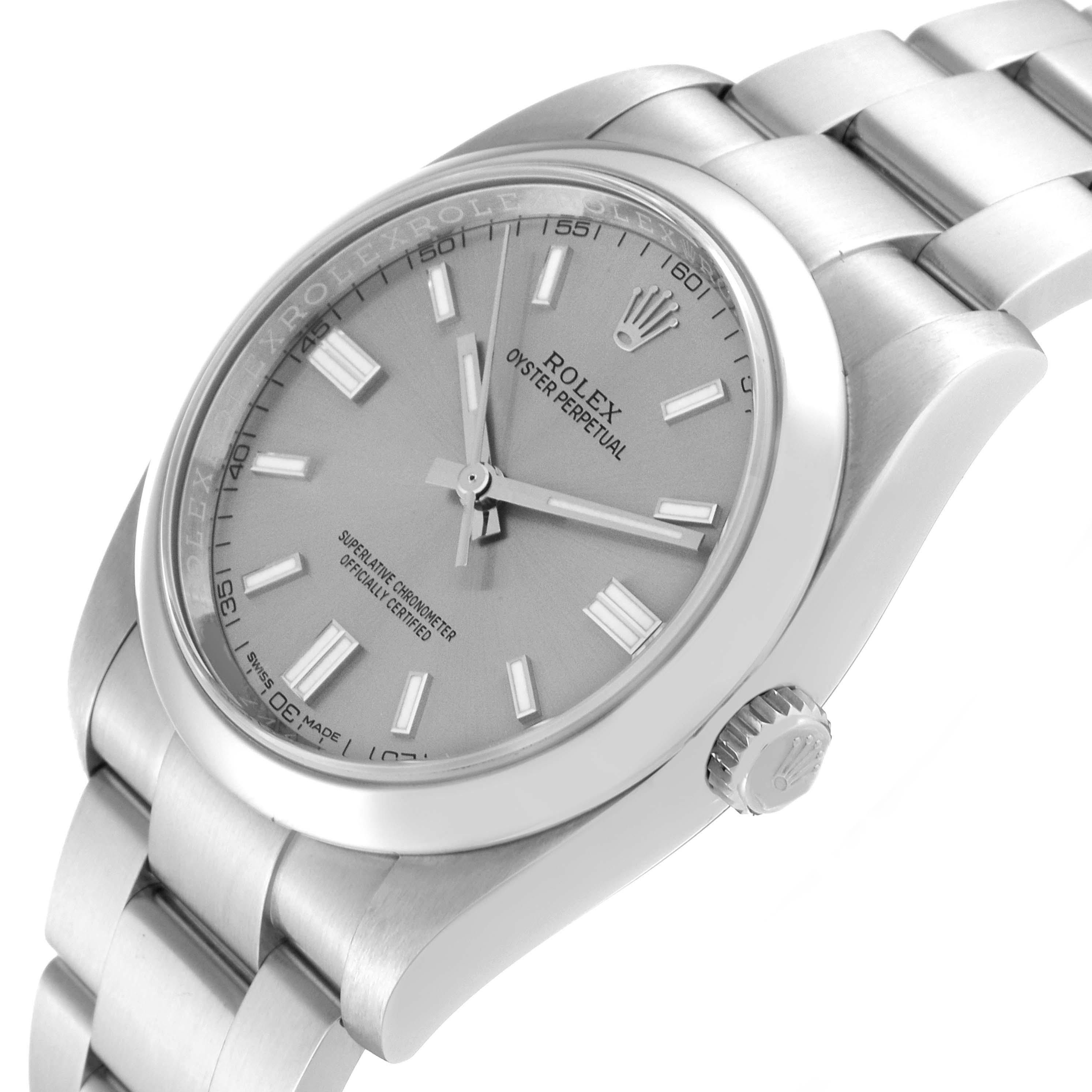 Rolex Oyster Perpetual 36 Grey Dial Steel Mens Watch 116000 Box Card. Officially certified chronometer self-winding movement. Stainless steel case 36.0 mm in diameter. Rolex logo on a crown. Stainless steel smooth domed bezel. Scratch resistant