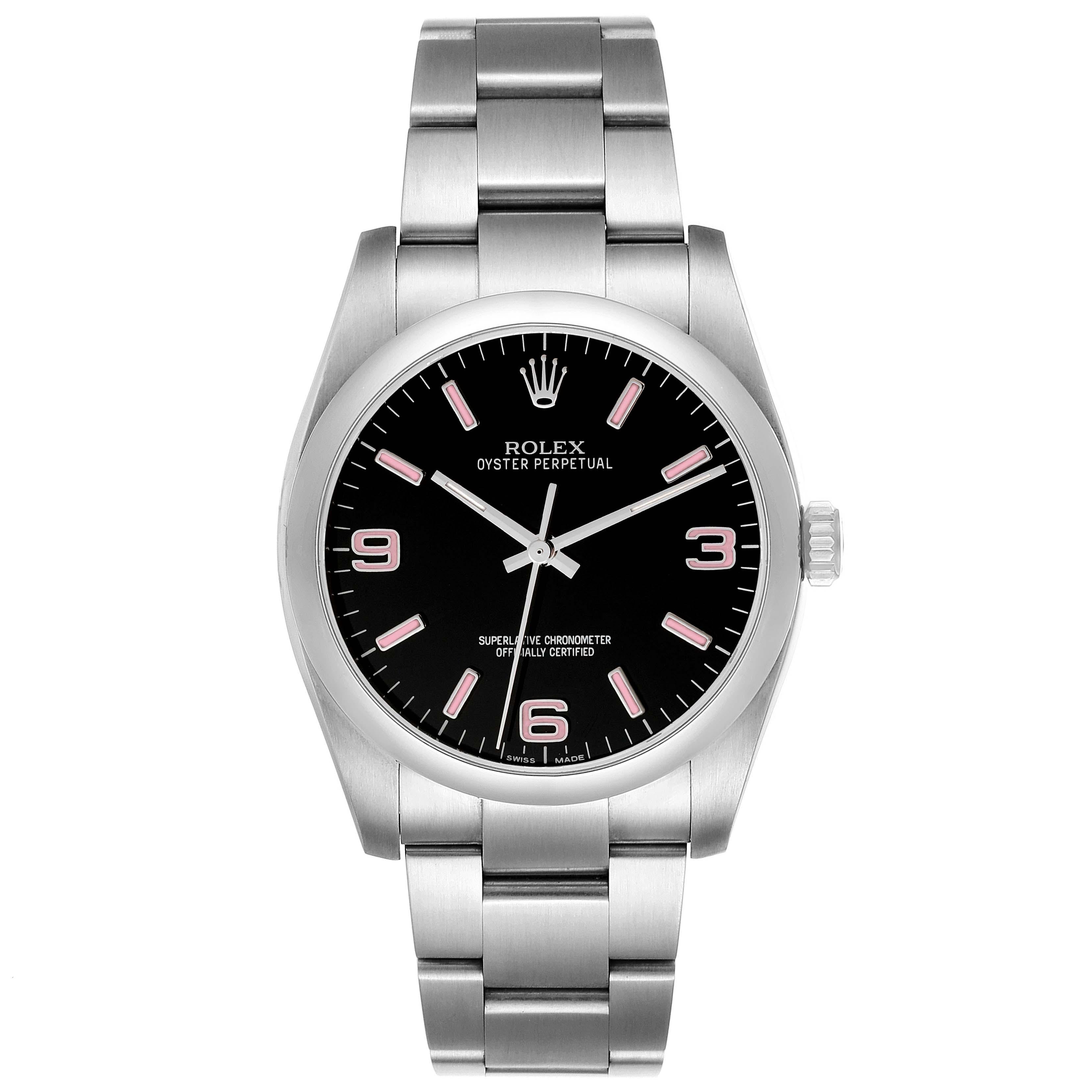 Rolex Oyster Perpetual 36 Pink Baton Black Dial Steel Mens Watch 116000 Box Card. Officially certified chronometer self-winding movement. Stainless steel case 36.0 mm in diameter. Rolex logo on a crown. Stainless steel smooth domed bezel. Scratch
