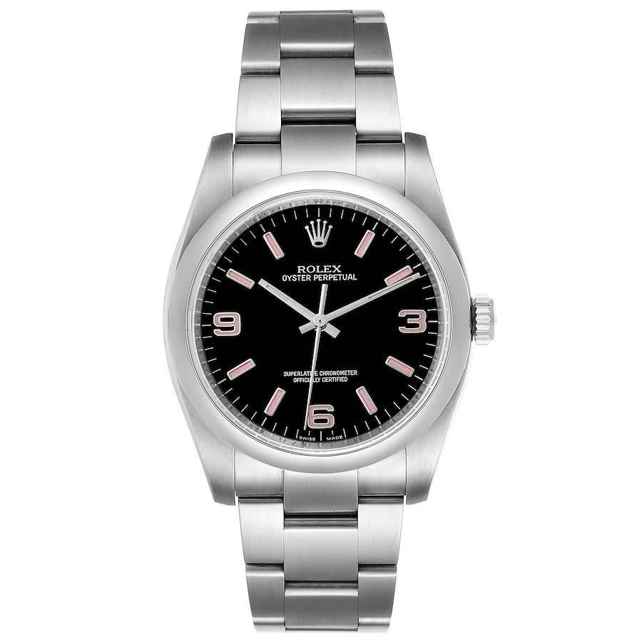 Rolex Oyster Perpetual 36 Pink Baton Black Dial Steel Watch 116000 Box Card. Officially certified chronometer self-winding movement. Stainless steel case 36.0 mm in diameter. Rolex logo on a crown. Stainless steel smooth domed bezel. Scratch