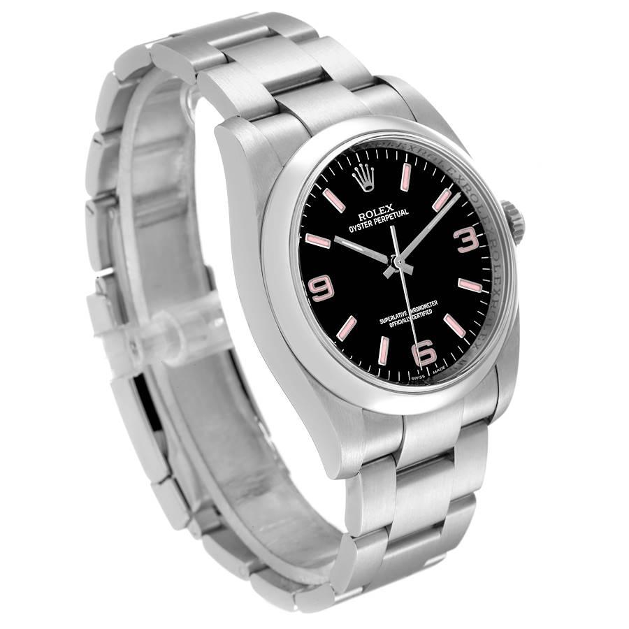 Rolex Oyster Perpetual 36 Rosa Baton Schwarzes Zifferblatt Stahluhr 116000 Box Card im Zustand „Hervorragend“ im Angebot in Atlanta, GA