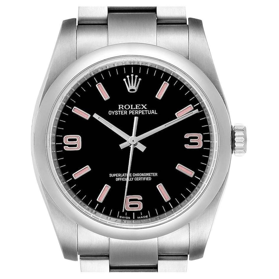 Rolex Oyster Perpetual 36 Pink Baton Black Dial Steel Watch 116000 Box Card For Sale