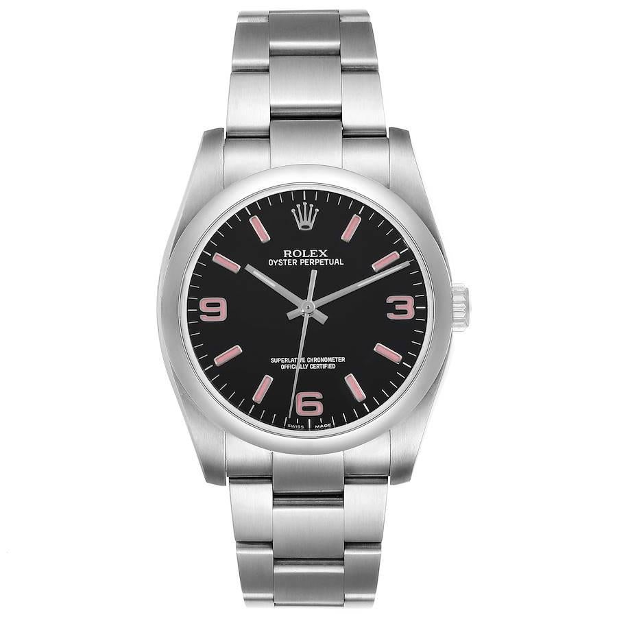Rolex Oyster Perpetual 36 Pink Baton Black Dial Steel Watch 116000. Officially certified chronometer self-winding movement. Stainless steel case 36.0 mm in diameter. Rolex logo on a crown. Stainless steel smooth domed bezel. Scratch resistant