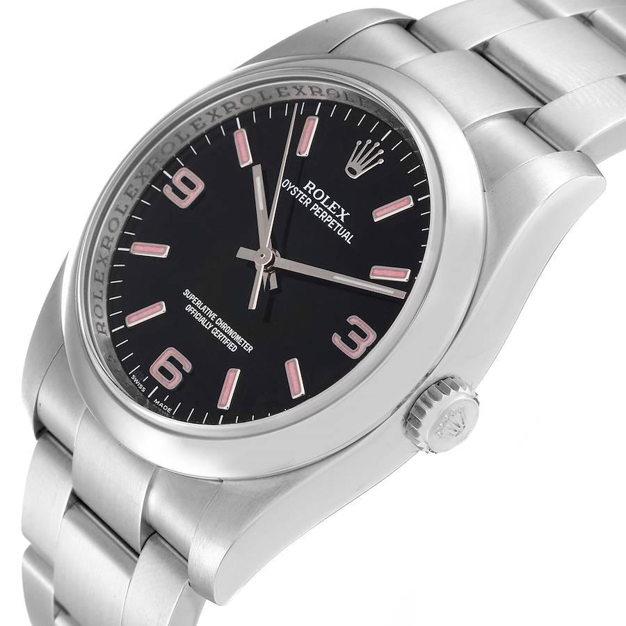 Rolex Oyster Perpetual 36 Pink Baton Black Dial Steel Watch 116000 In Excellent Condition In Atlanta, GA