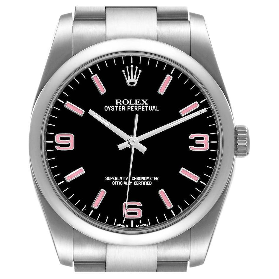 Rolex Oyster Perpetual 36 Pink Baton Black Dial Steel Watch 116000 Box