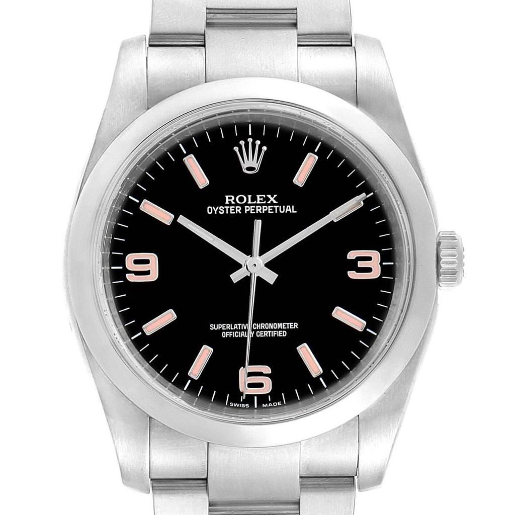 Rolex Oyster Perpetual 36 Pink Baton Hour Markers Unisex Watch 116000. Officially certified chronometer self-winding movement. Stainless steel case 36.0 mm in diameter. Rolex logo on a crown. Stainless steel smooth domed bezel. Scratch resistant