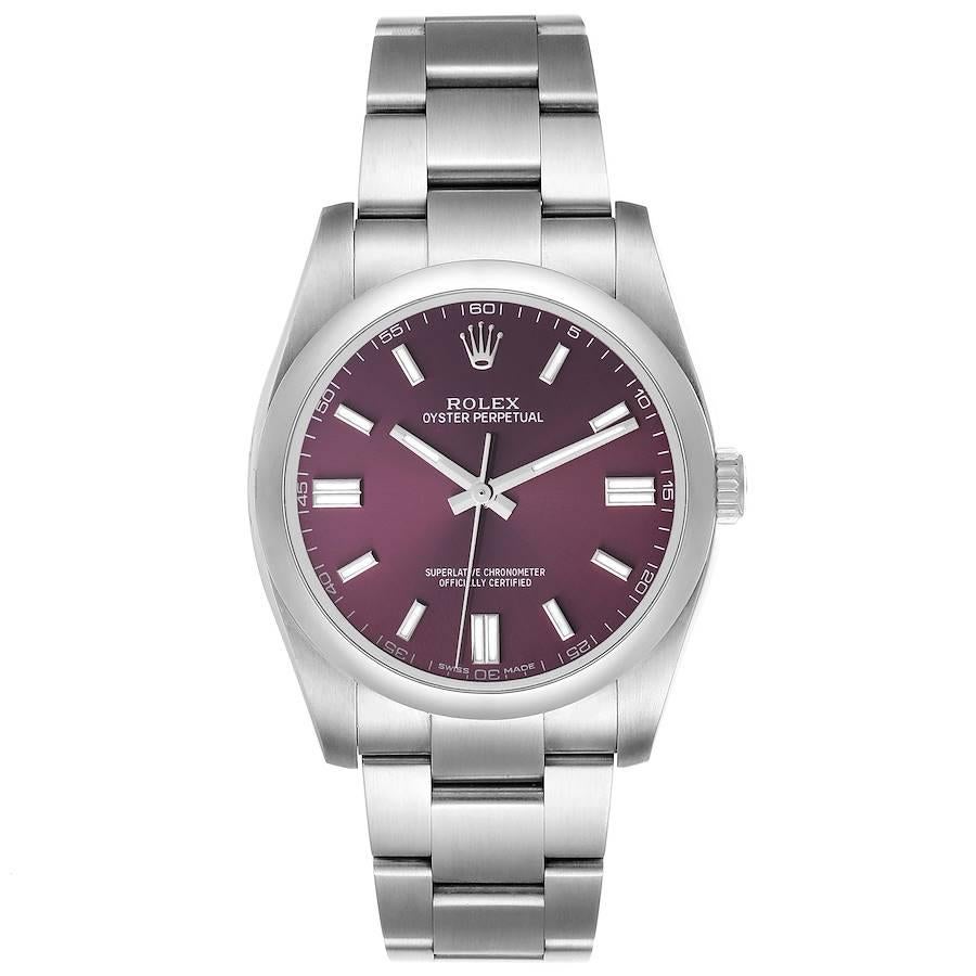 Rolex Oyster Perpetual 36 Red Grape Dial Steel Mens Watch 116000. Officially certified chronometer self-winding movement. Stainless steel case 36.0 mm in diameter. Rolex logo on a crown. Stainless steel smooth domed bezel. Scratch resistant sapphire