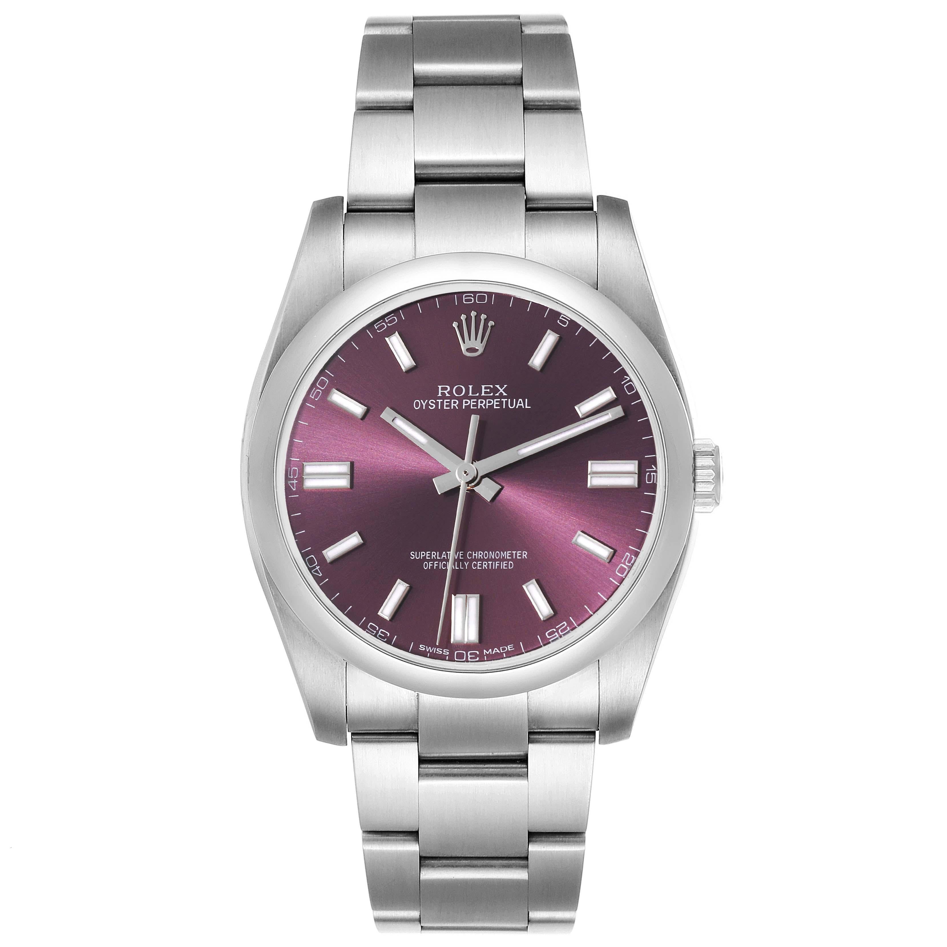 Rolex Oyster Perpetual 36 Red Grape Dial Steel Mens Watch 116000. Officially certified chronometer self-winding movement. Stainless steel case 36.0 mm in diameter. Rolex logo on a crown. Stainless steel smooth domed bezel. Scratch resistant sapphire