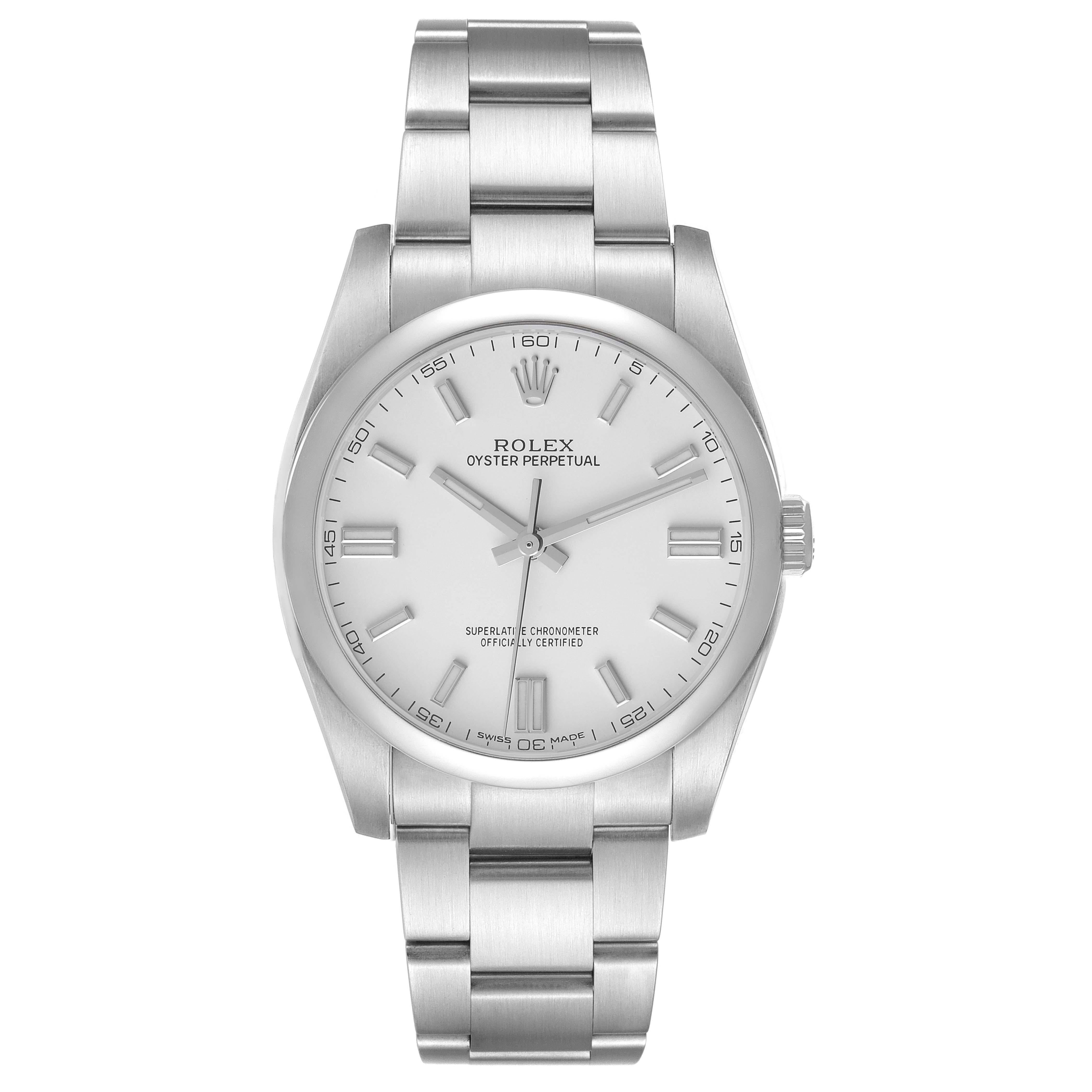 Rolex Oyster Perpetual 36 Silver Dial Steel Mens Watch 116000 Box Card. Officially certified chronometer self-winding movement. Stainless steel case 36.0 mm in diameter. Rolex logo on a crown. Stainless steel smooth domed bezel. Scratch resistant