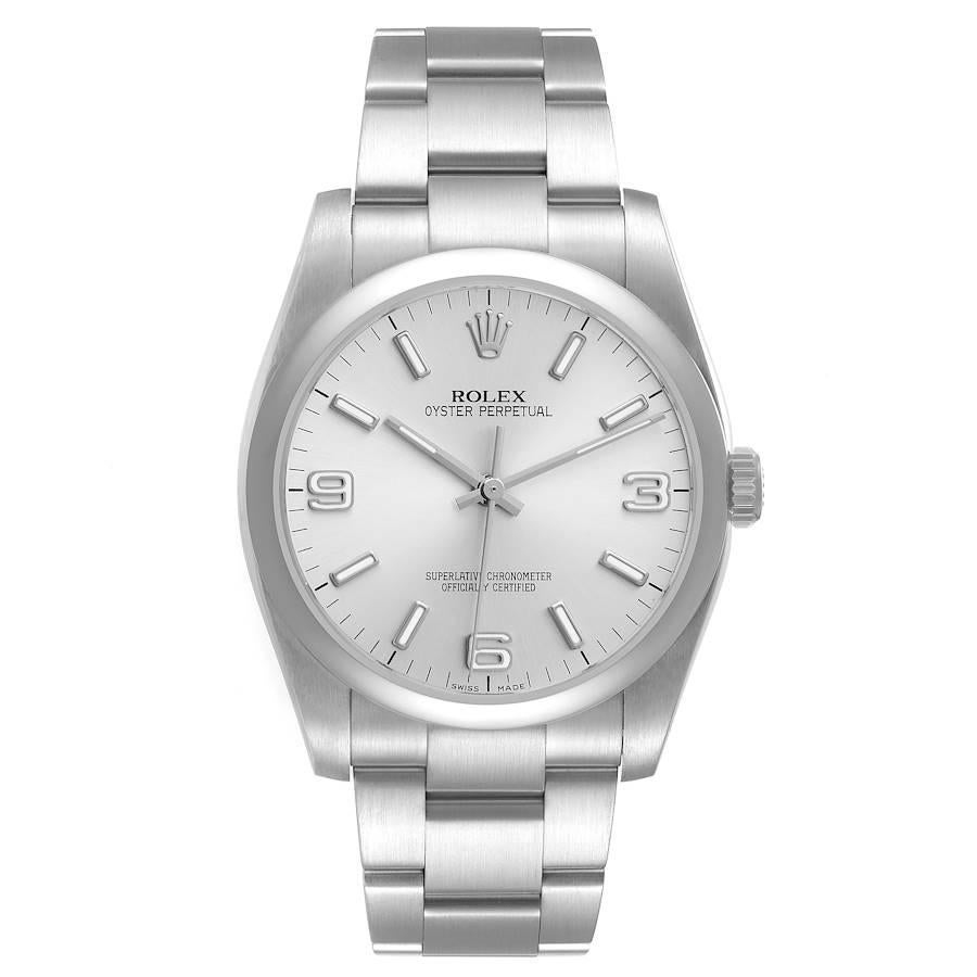 Rolex Oyster Perpetual 36 Silver Dial Steel Mens Watch 116000. Officially certified chronometer self-winding movement. Stainless steel case 36.0 mm in diameter. Rolex logo on a crown. Stainless steel smooth domed bezel. Scratch resistant sapphire