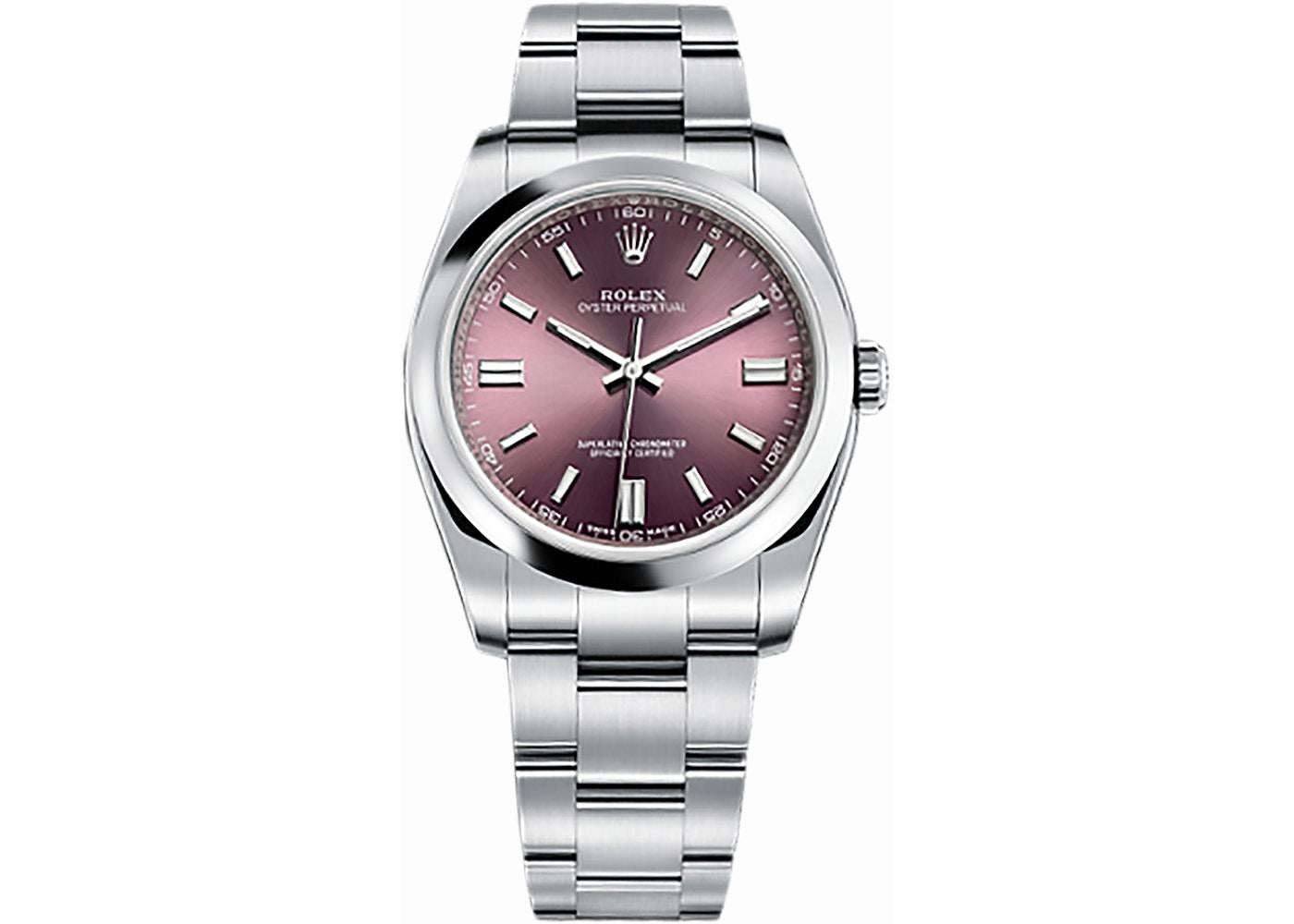 rolex oyster perpetual red grape dial stainless steel band and case mens quartz watch 116000