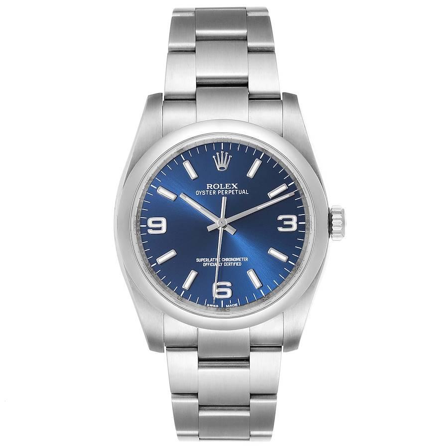 Rolex Oyster Perpetual 36mm Blue Dial Steel Mens Watch 116000. Officially certified chronometer self-winding movement. Stainless steel case 36.0 mm in diameter. Rolex logo on a crown. Stainless steel smooth domed bezel. Scratch resistant sapphire