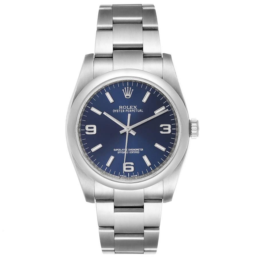 Rolex Oyster Perpetual 36mm Blue Dial Steel Mens Watch 116000. Officially certified chronometer self-winding movement. Stainless steel case 36.0 mm in diameter. Rolex logo on a crown. Stainless steel smooth domed bezel. Scratch resistant sapphire