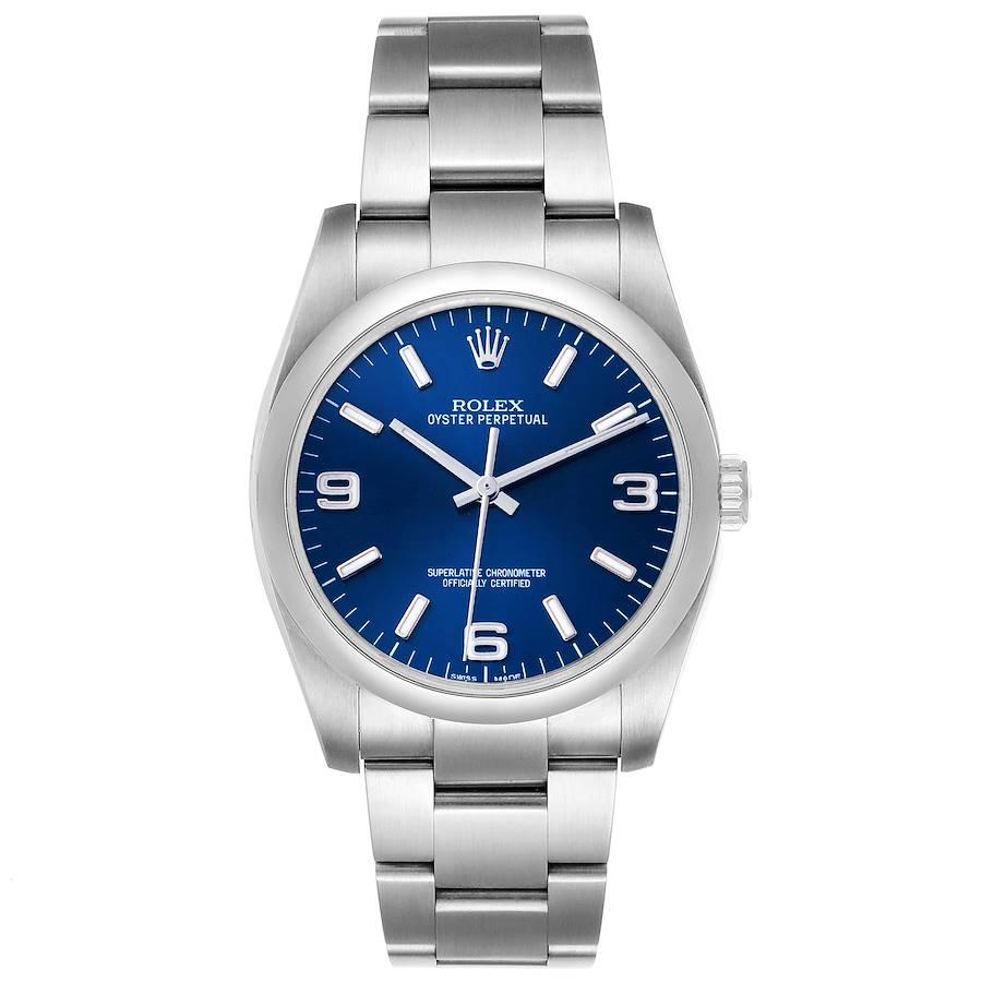 Rolex Oyster Perpetual 36mm Blue Dial Steel Mens Watch 116000. Officially certified chronometer self-winding movement. 3130. Stainless steel smooth domed bezel. Scratch resistant sapphire crystal. Blue dial with luminous hour markers and arabic