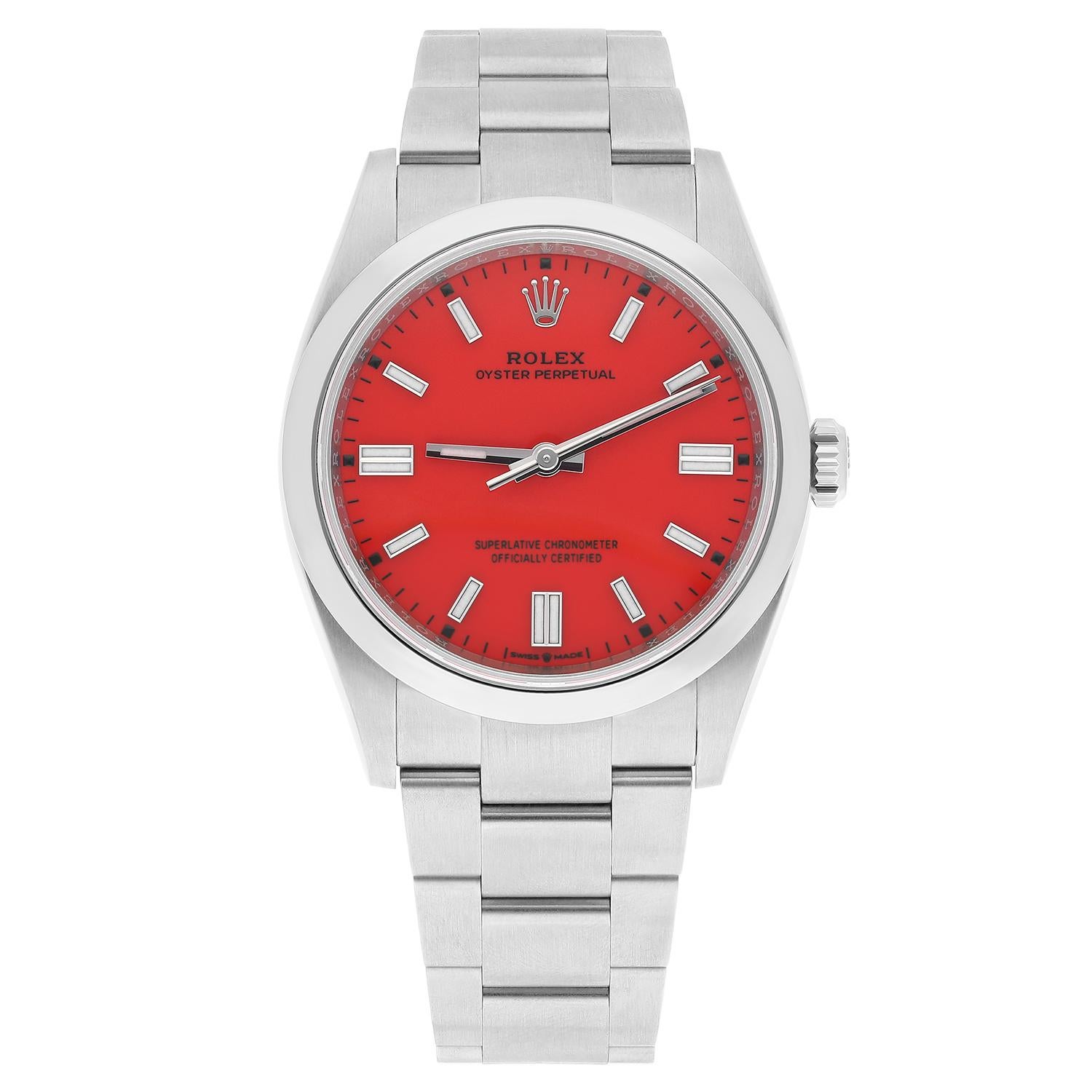 Under official Rolex warranty to April 2026.

This highly sought-after 36mm Rolex Oyster Perpetual features a 'Coral Red' lacquered dial with black typeface, inspired by the rare & important 'Stella' dials from Rolex's past. At night the vivid blue
