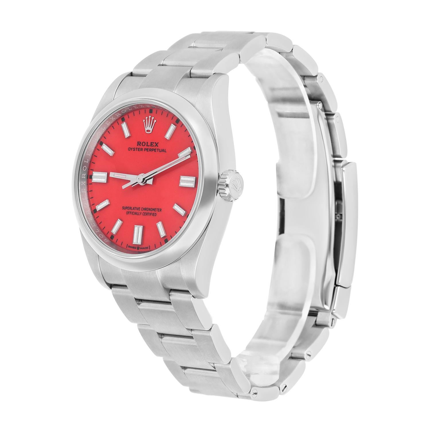 Modern Rolex Oyster Perpetual 36mm Coral Red Dial Steel Watch Discontinued Unworn
