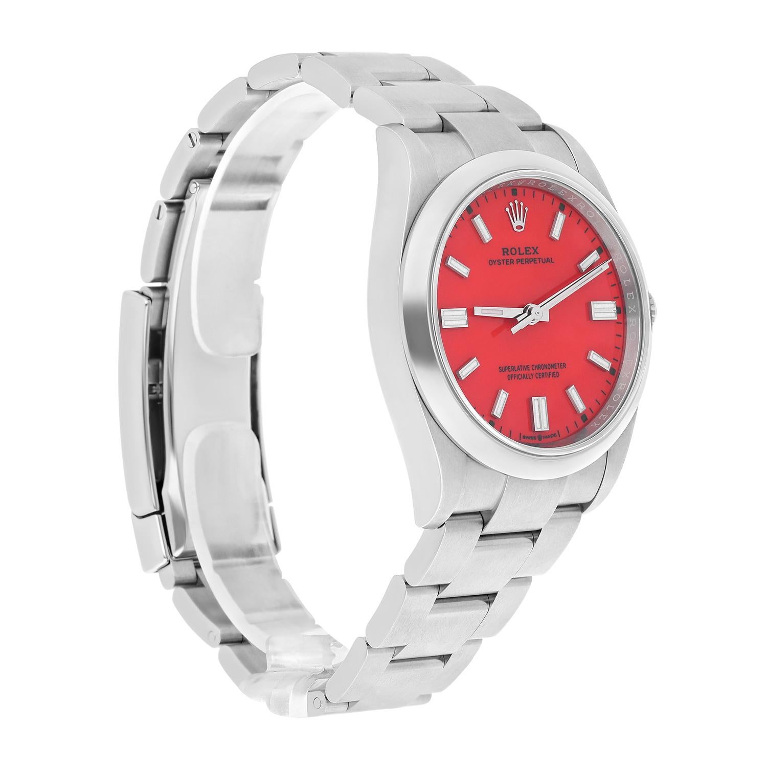 Rolex Oyster Perpetual 36mm Coral Red Dial Steel Watch Discontinued Unworn In New Condition In New York, NY