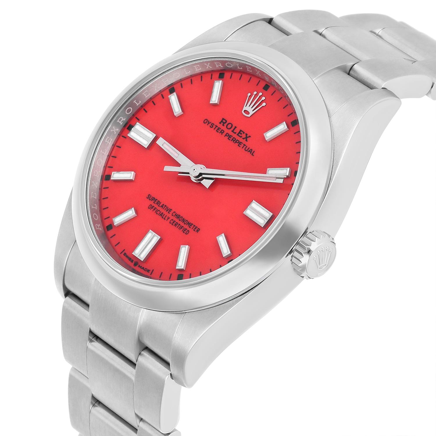 Women's or Men's Rolex Oyster Perpetual 36mm Coral Red Dial Steel Watch Discontinued Unworn