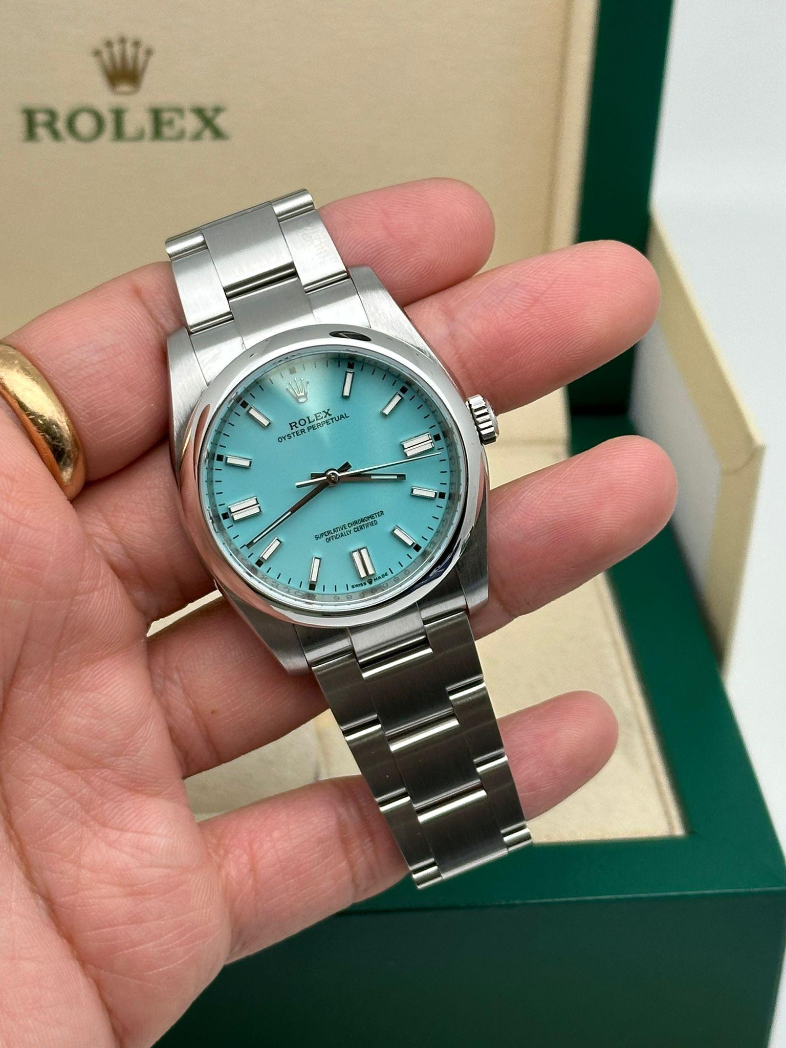 Rolex Oyster Perpetual 36mm Custom Turquoise Tiffany Dial Automatic Watch 116000 In Excellent Condition For Sale In New York, NY