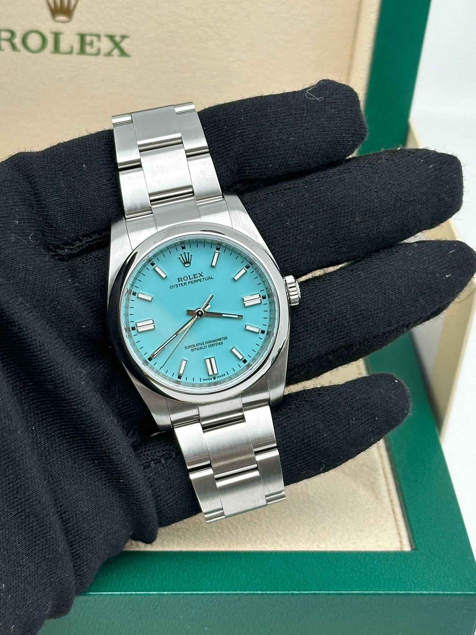 Rolex Oyster Perpetual 36 mm avec cadran Tiffany turquoise personnalisé 116000 en vente 5