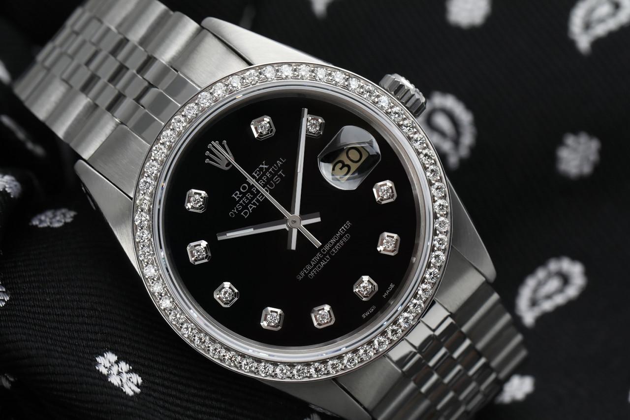 Rolex Montre Oyster Perpetual Datejust avec cadran noir, numéros de diamants et lunette Excellent état - En vente à New York, NY