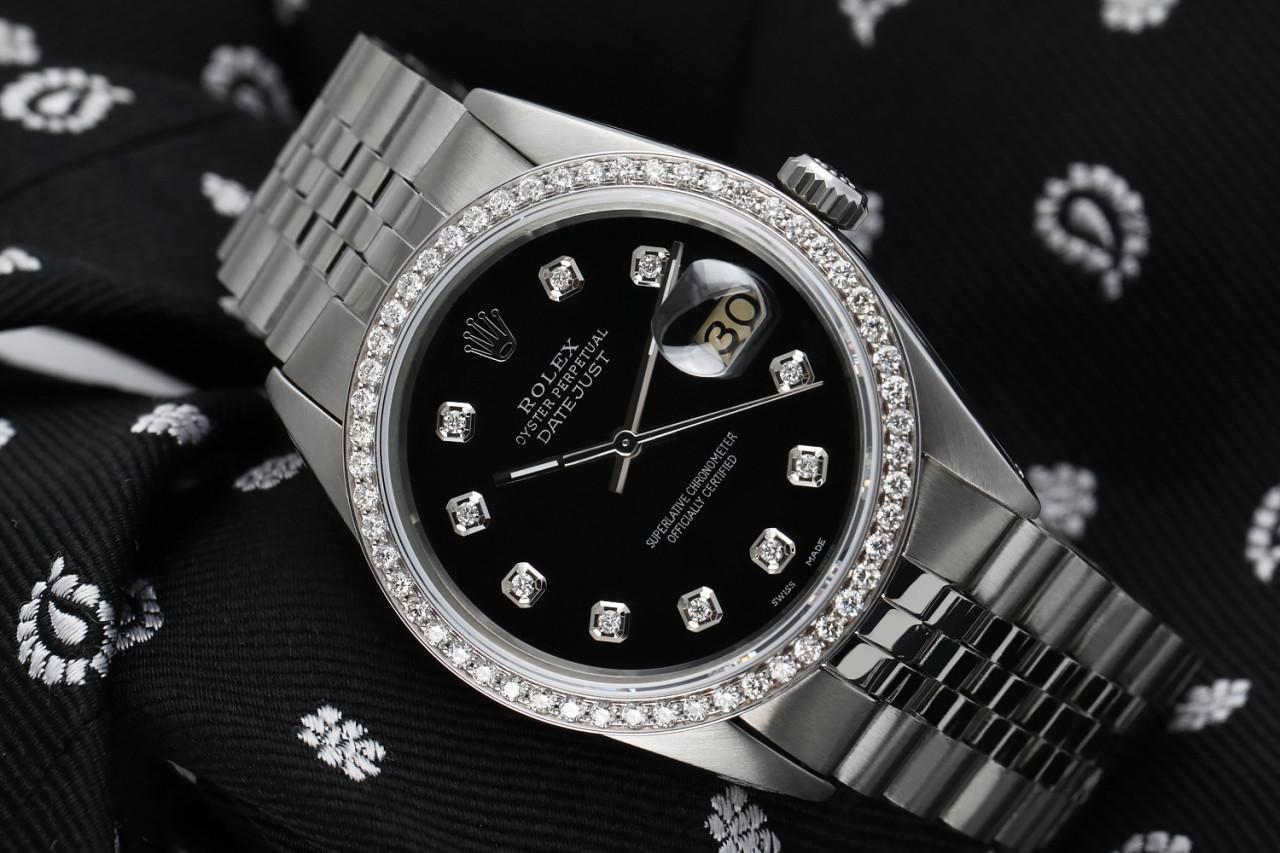 Rolex Montre Oyster Perpetual Datejust avec cadran noir, numéros de diamants et lunette Pour hommes en vente