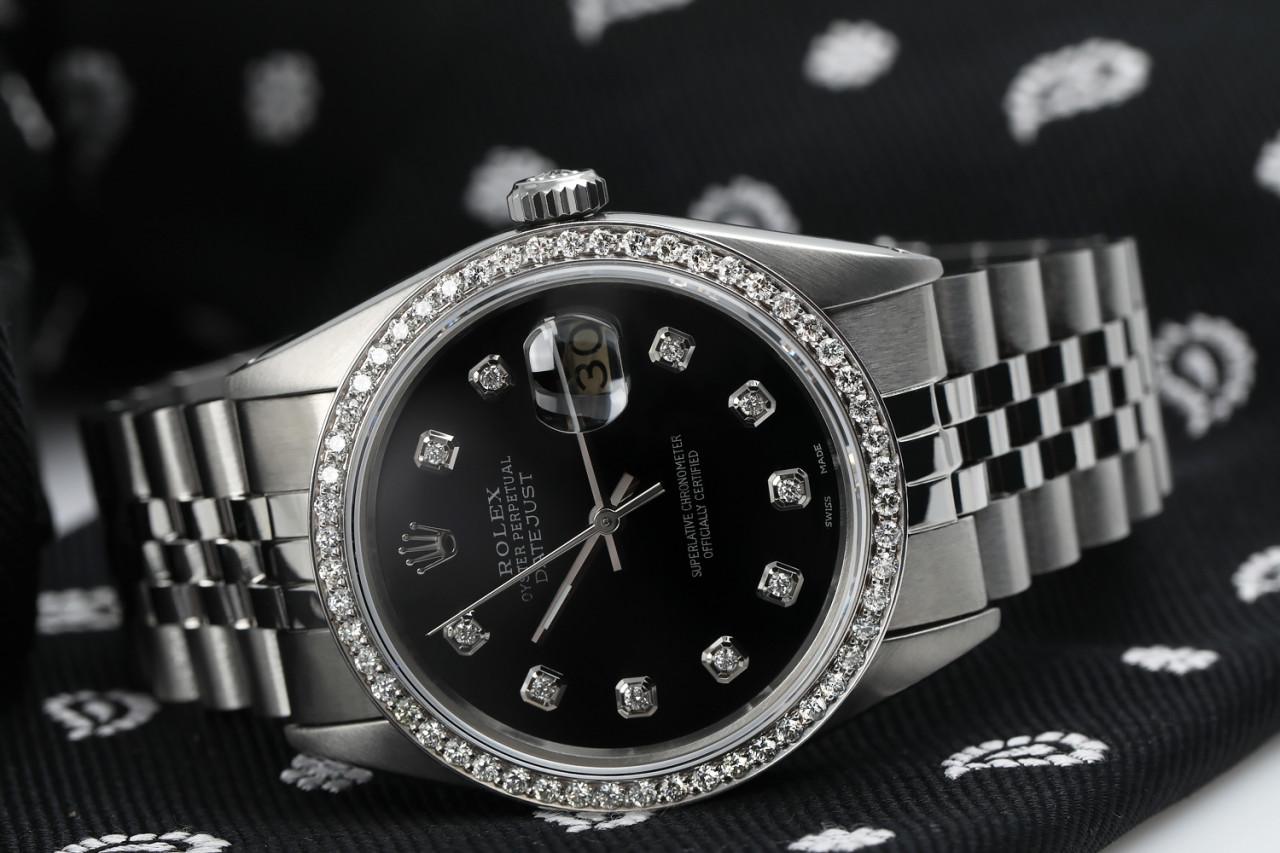 Round Cut Rolex Oyster Perpetual Datejust Black Dial with Diamond Numbers & Bezel Watch For Sale