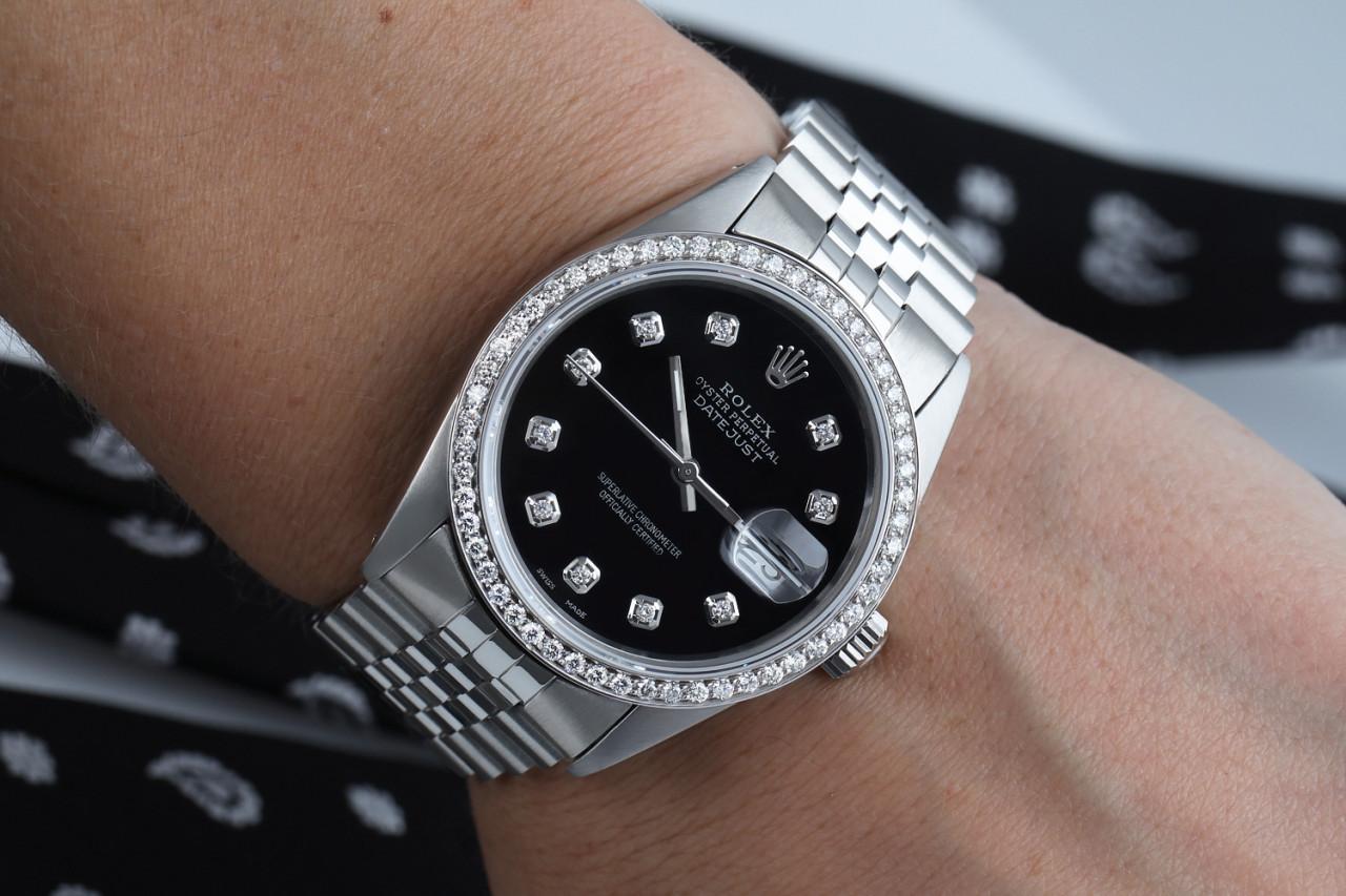 Rolex Oyster Perpetual Datejust Black Dial with Diamond Numbers & Bezel Watch For Sale 1