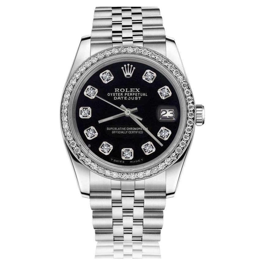 Rolex Oyster Perpetual Datejust Black Dial with Diamond Numbers & Bezel Watch For Sale