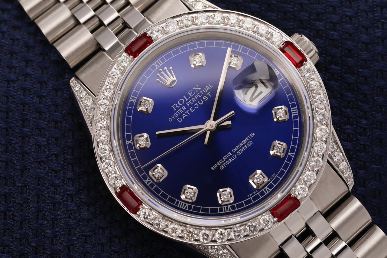Rolex Montre Oyster Perpetual Datejust à cadran en diamant bleu avec lunette en diamant et rubis Excellent état - En vente à New York, NY