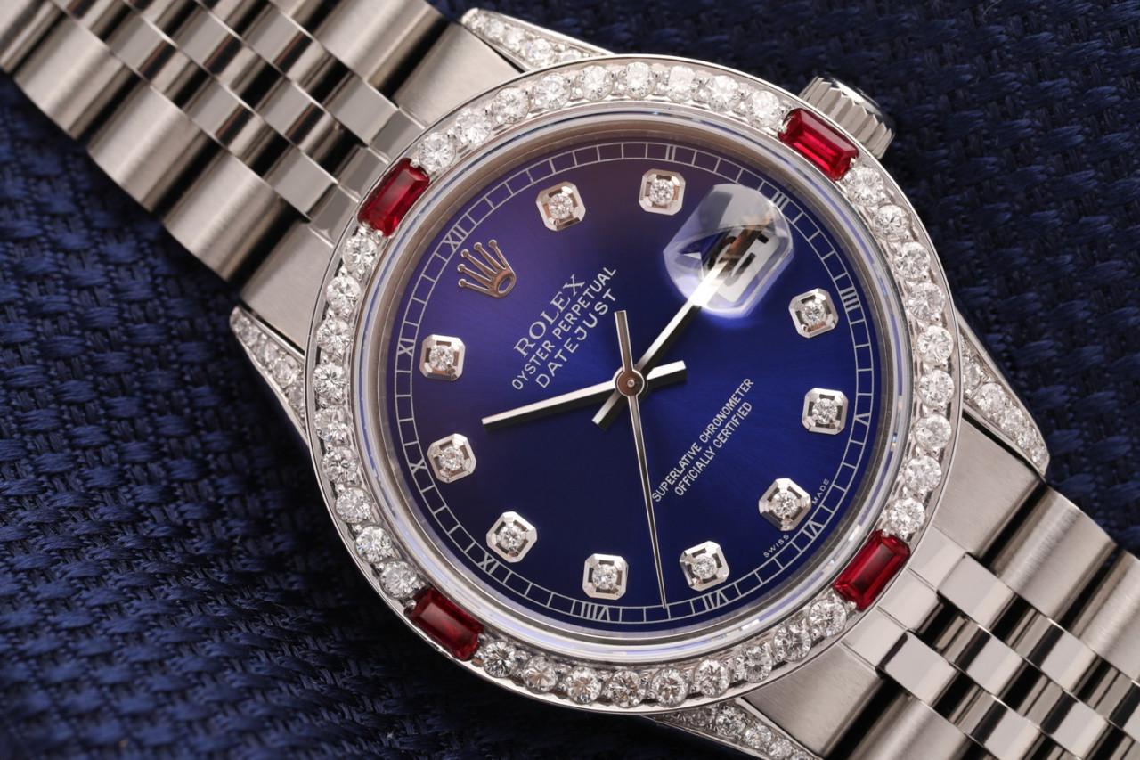 Rolex Montre Oyster Perpetual Datejust à cadran en diamant bleu avec lunette en diamant et rubis Pour hommes en vente