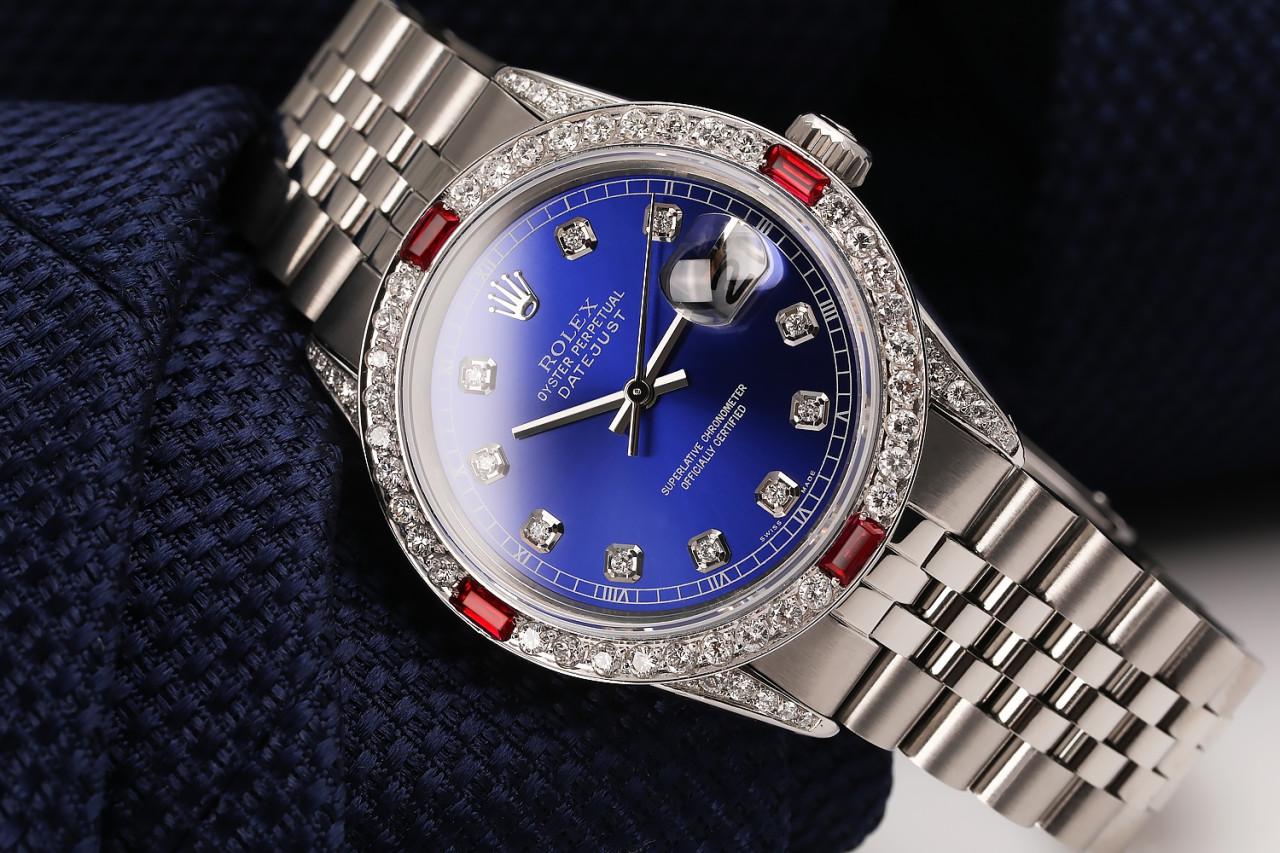 Round Cut Rolex Oyster Perpetual Datejust Blue Diamond Face with Diamond & Ruby Bezel For Sale