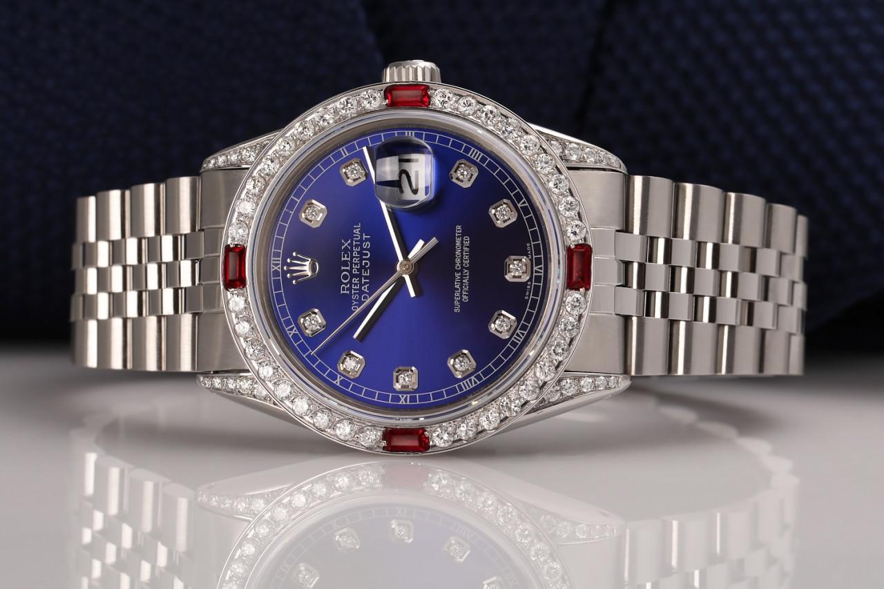 Rolex Oyster Perpetual Datejust Blue Diamond Face with Diamond & Ruby Bezel In Excellent Condition For Sale In New York, NY