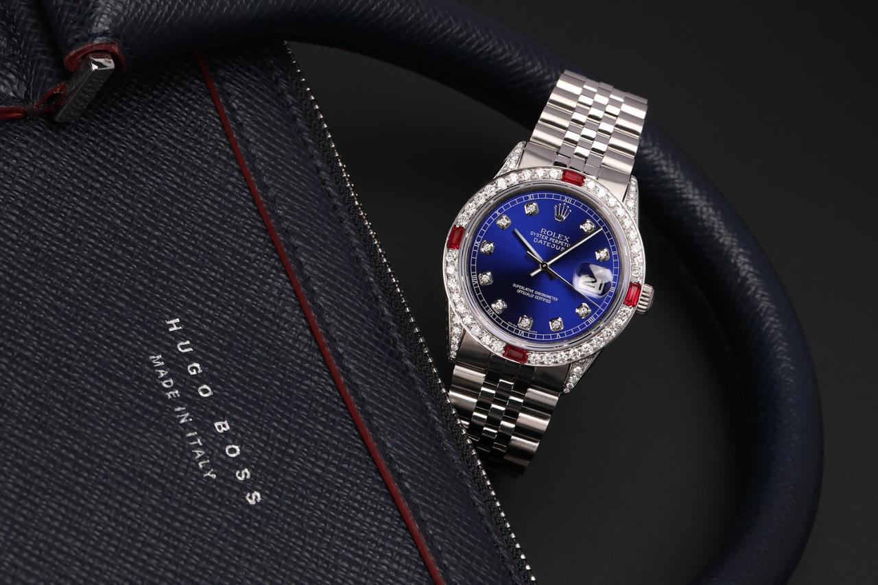 Rolex Montre Oyster Perpetual Datejust à cadran en diamant bleu avec lunette en diamant et rubis en vente 4