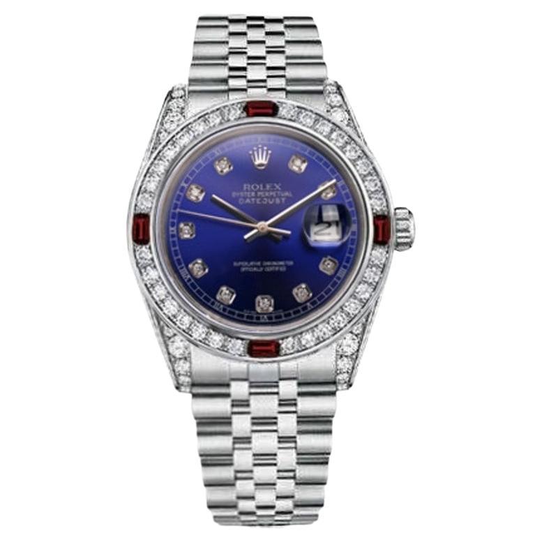 Rolex Montre Oyster Perpetual Datejust à cadran en diamant bleu avec lunette en diamant et rubis en vente