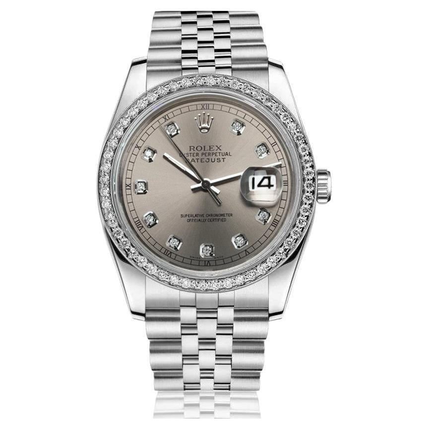 Rolex Oyster Perpetual Datejust Dark Grey Dial with Diamond Bezel Watch 16014 For Sale