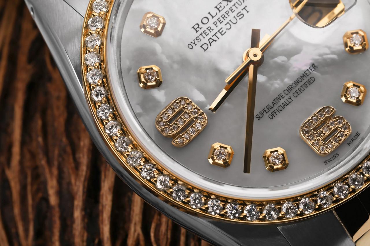 Rolex Oyster Perpetual 36mm Datejust Diamond Bezel White Mother Of Pearl Dial with Diamond 6 & 9 Numbers 16233
