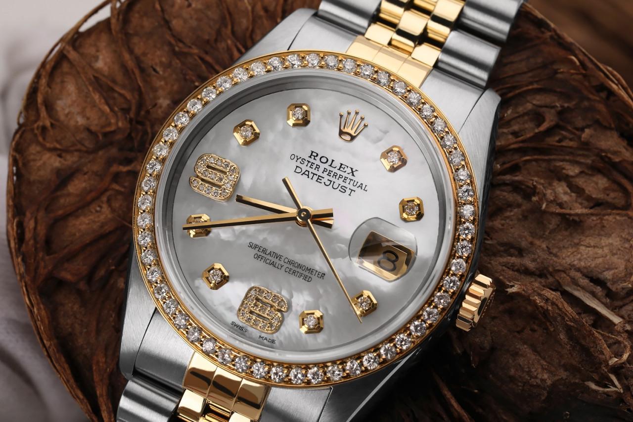 Round Cut Rolex Oyster Perpetual Datejust Diamond Bezel White MOP Dial Diamond 6 & 9  For Sale