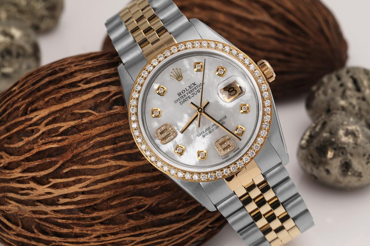 Rolex Oyster Perpetual Datejust Diamond Bezel White MOP Dial Diamond 6 & 9  In Excellent Condition For Sale In New York, NY