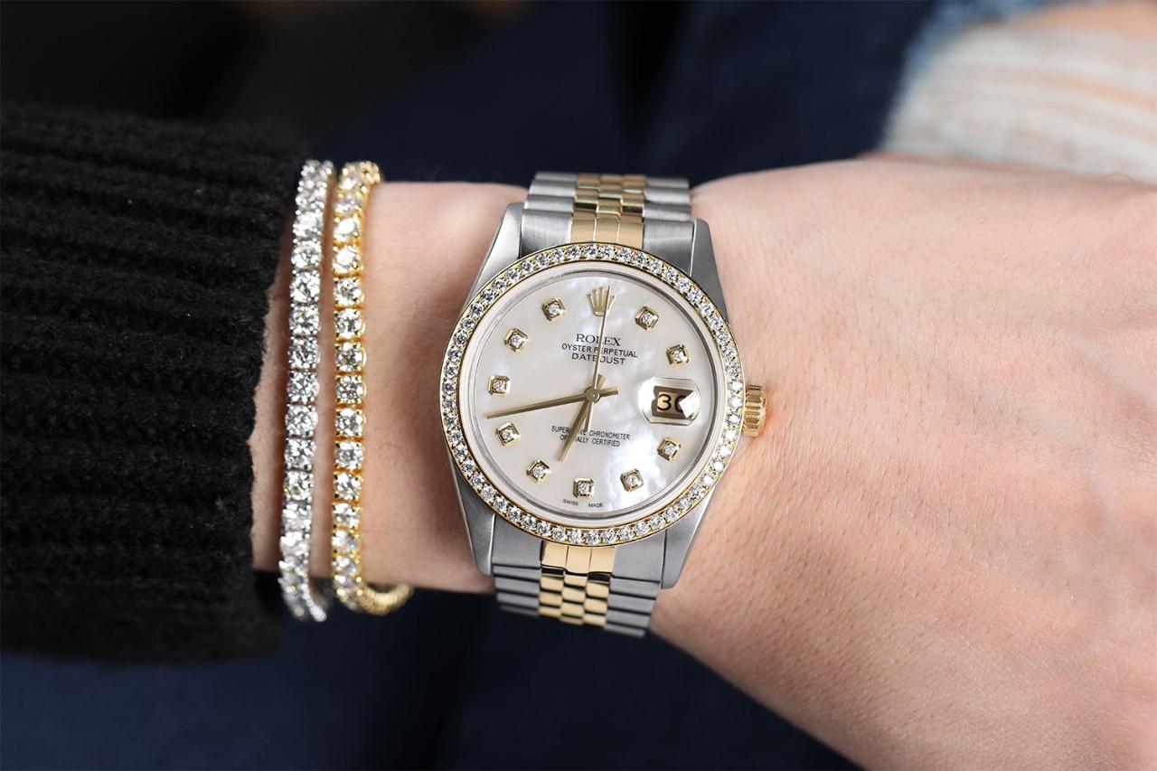 Rolex Oyster Perpetual Datejust Diamond Bezel White MOP Diamond Dial Watch  For Sale 2