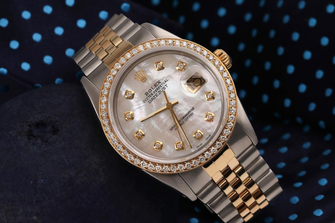 Round Cut Rolex Oyster Perpetual Datejust Diamond Bezel White MOP Diamond Dial Watch  For Sale